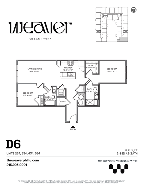 2Bed Floor Plan D6 at The Weaver, Philadelphia, Pennsylvania